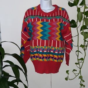 Laura Scott vintage tribal Aztec red knit holiday sweater small